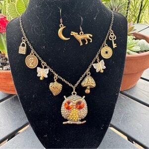 Handmade Woodland Fairy Trinket Necklace with Wolf Howling at The Moon Earrings
